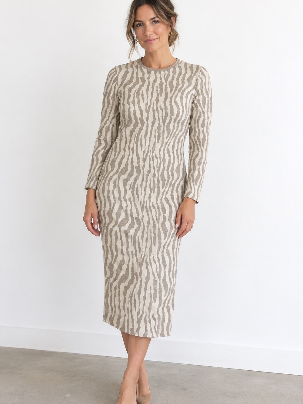 Express Long Sleeve Zebra-Print Midi Sweater Dress in Taupe and Cream Sz M Boho